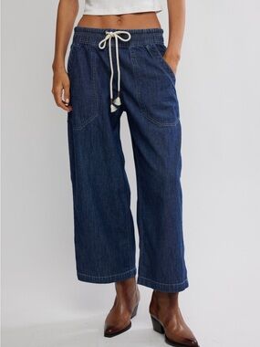 NWT Free People Easy Peasy  Drawstring Jeans in Dark Blue
